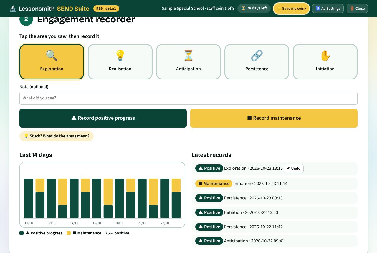 The engagement recorder: five large buttons for exploration, realisation, anticipation, persistence and initiation, a chart of the last 14 days and the latest records.