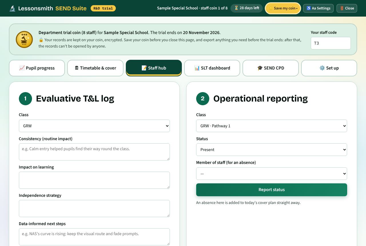 The staff hub: an evaluative teaching and learning log next to operational reporting of class status and absence.